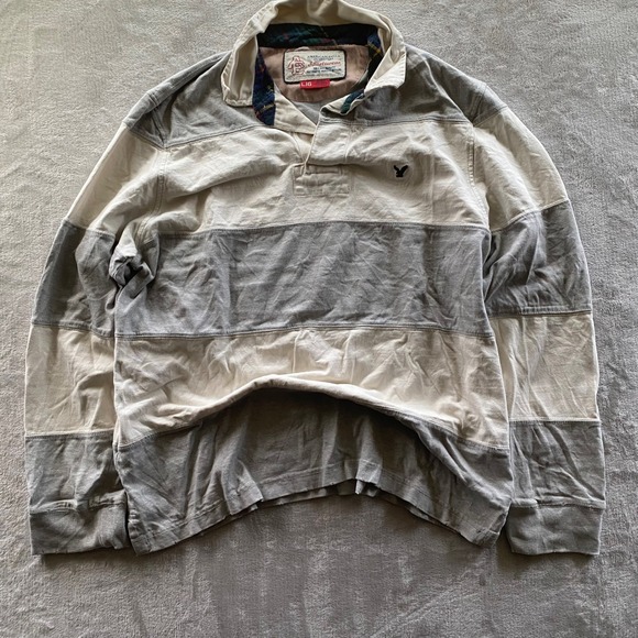 American Eagle Outfitters Other - American Eagle Mens Rugby Shirt Large Gray Cream Striped Long Sleeve Polo Cotton